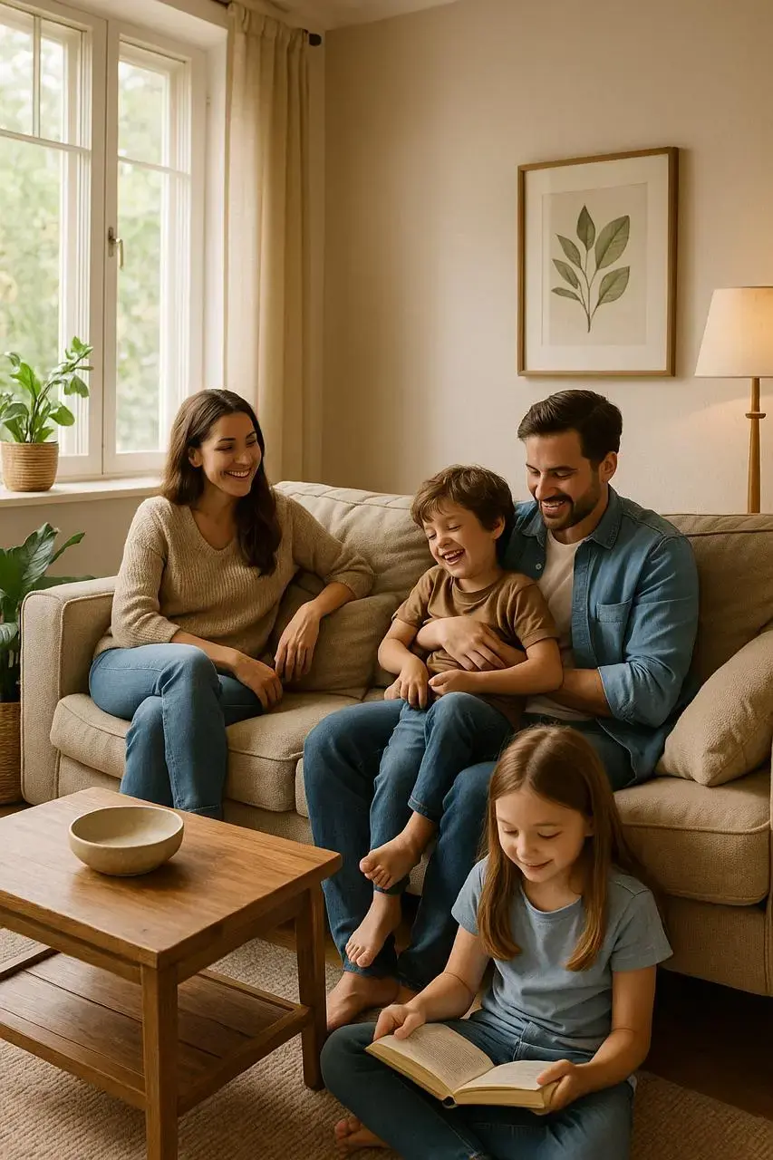 Family enjoying time together in a cozy living room, with parents and two children interacting, one child reading a book, emphasizing home comfort and security.