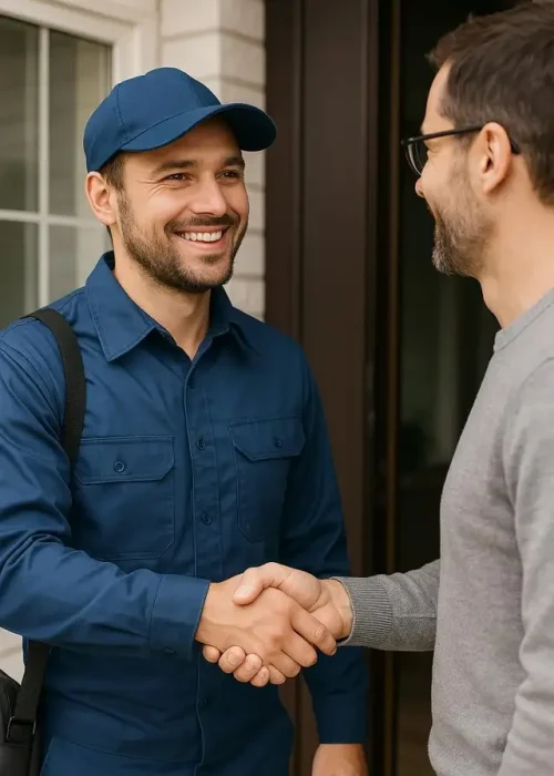 Security professional in blue uniform shaking hands with a homeowner, emphasizing trust and service in home security solutions.