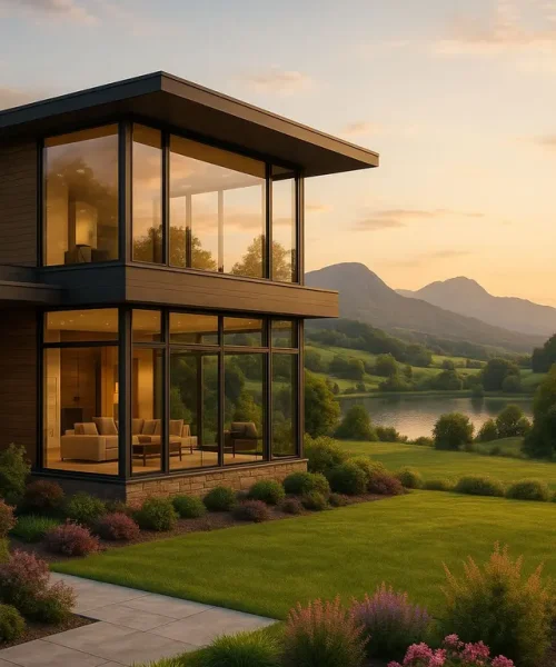 Modern home with large windows showcasing scenic landscape, emphasizing security and tranquility, reflecting Fort Knox Solutions' commitment to residential protection.
