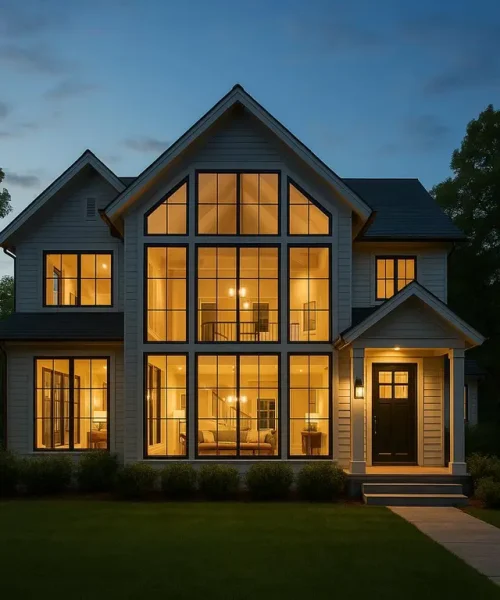 Modern home exterior with large illuminated windows, showcasing an inviting interior, emphasizing security and comfort for residential safety.