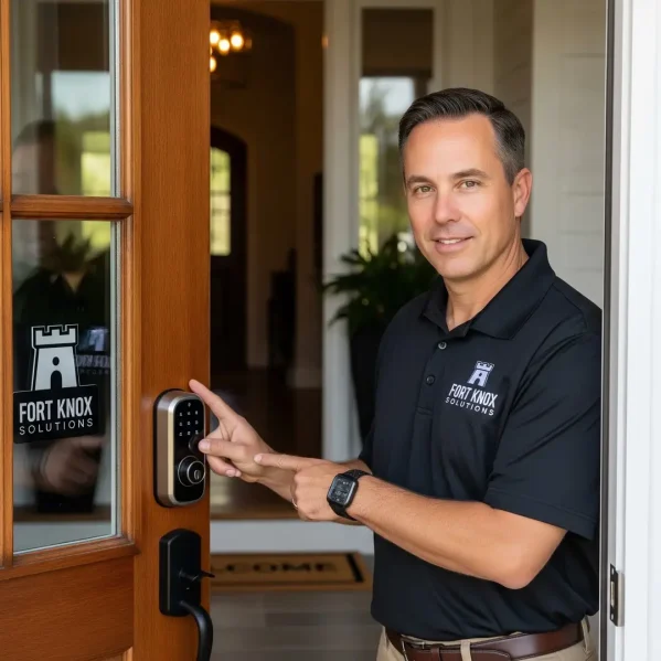 Man in Fort Knox Solutions polo shirt demonstrating a smart lock on a residential door, emphasizing home security solutions.