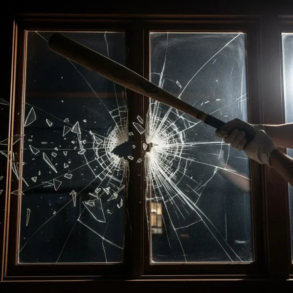 Person wielding a baseball bat striking a window, shattering the glass, illustrating vulnerability in home security.